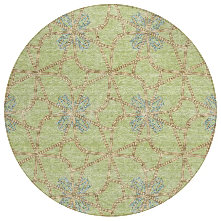 8' Sage And Blue Round Geometric Washable Indoor Outdoor Area Rug