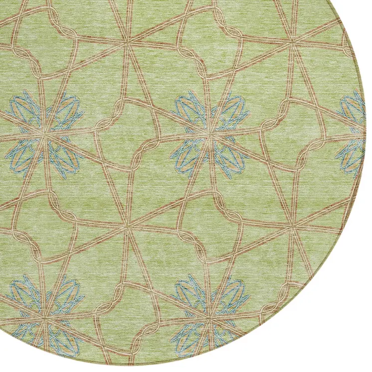 8' Sage And Blue Round Geometric Washable Indoor Outdoor Area Rug