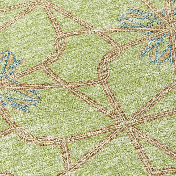 8' Sage And Blue Round Geometric Washable Indoor Outdoor Area Rug
