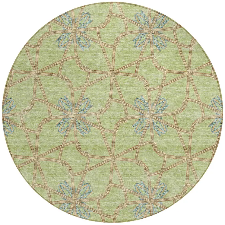 8' Sage And Blue Round Geometric Washable Indoor Outdoor Area Rug