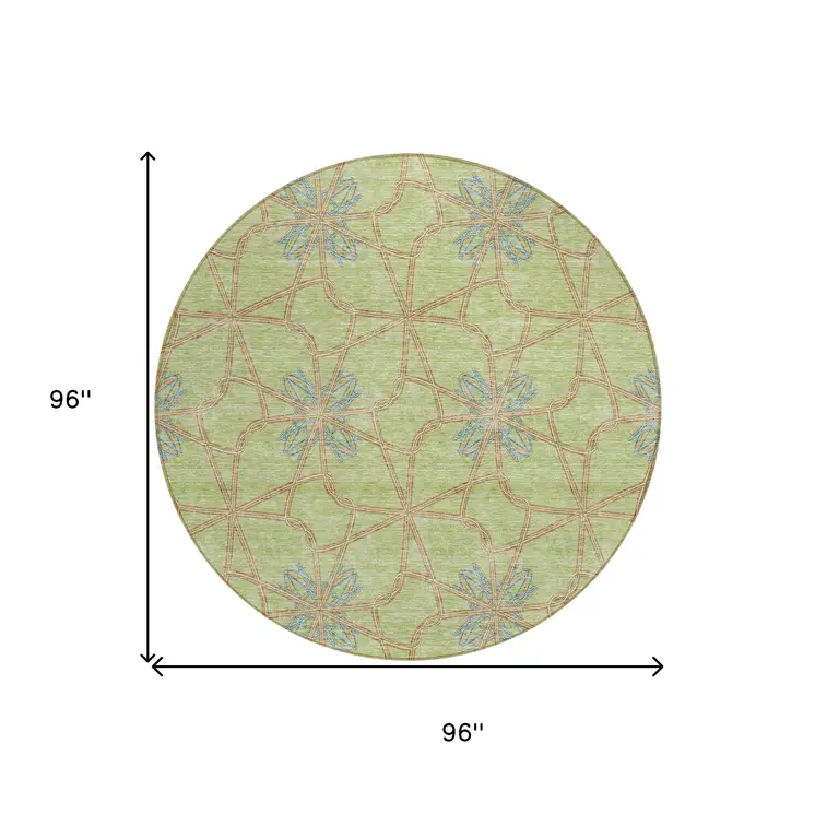 8' Sage And Blue Round Geometric Washable Indoor Outdoor Area Rug