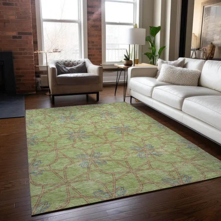 10' X 14' Sage And Blue Geometric Washable Indoor Outdoor Area Rug