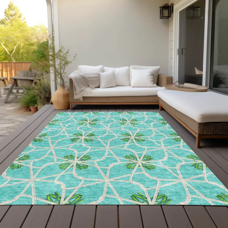 3' X 5' Aqua And Green Geometric Washable Indoor Outdoor Area Rug