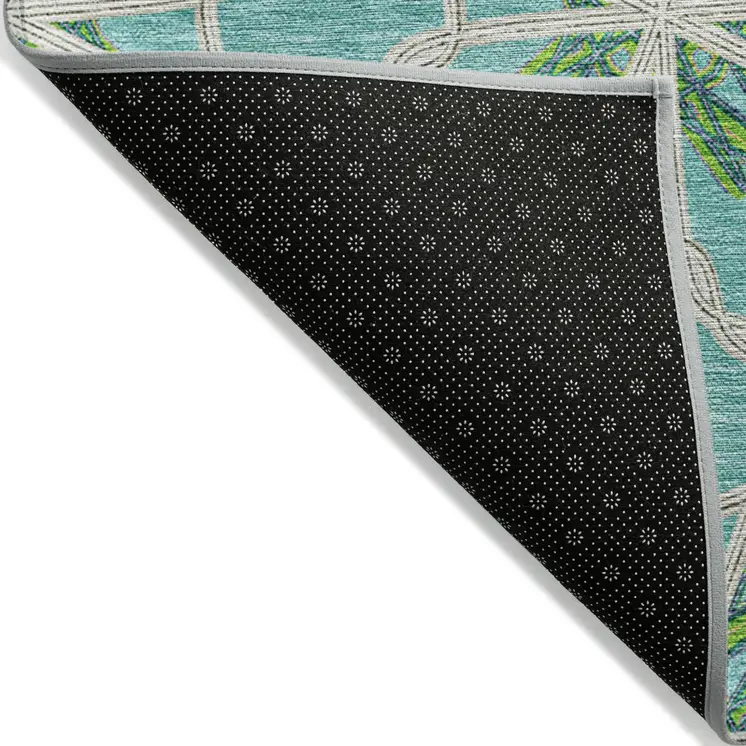 3' X 5' Aqua And Green Geometric Washable Indoor Outdoor Area Rug