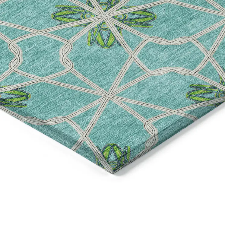 3' X 5' Aqua And Green Geometric Washable Indoor Outdoor Area Rug