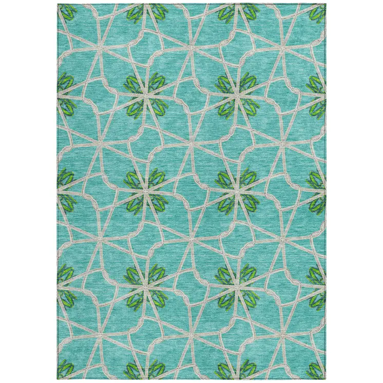 3' X 5' Aqua And Green Geometric Washable Indoor Outdoor Area Rug