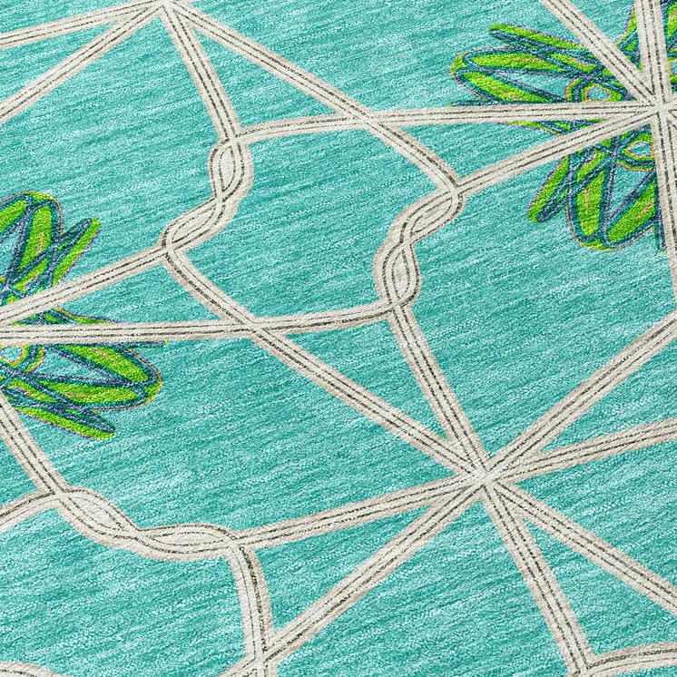 3' X 5' Aqua And Green Geometric Washable Indoor Outdoor Area Rug