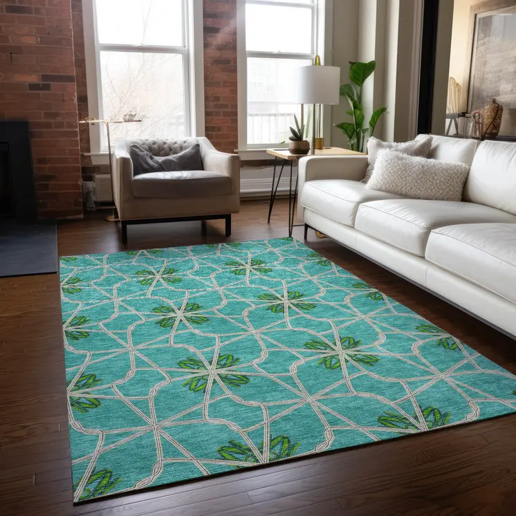 3' X 5' Aqua And Green Geometric Washable Indoor Outdoor Area Rug