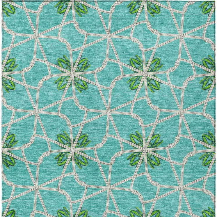 5' X 8' Aqua And Green Geometric Washable Indoor Outdoor Area Rug