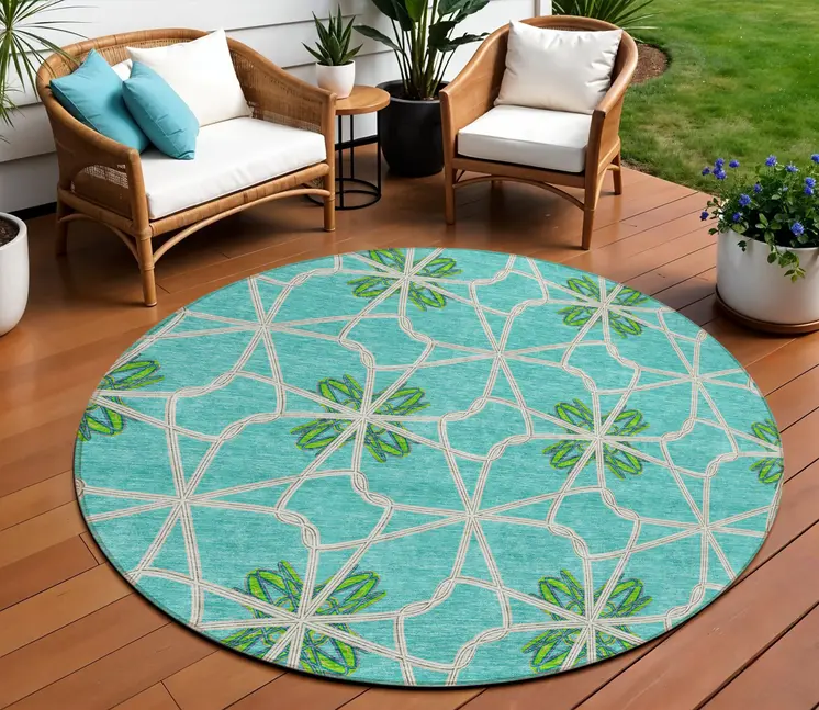 8' Aqua And Green Round Geometric Washable Indoor Outdoor Area Rug