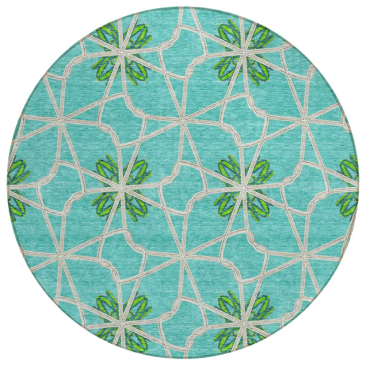 8' Aqua And Green Round Geometric Washable Indoor Outdoor Area Rug