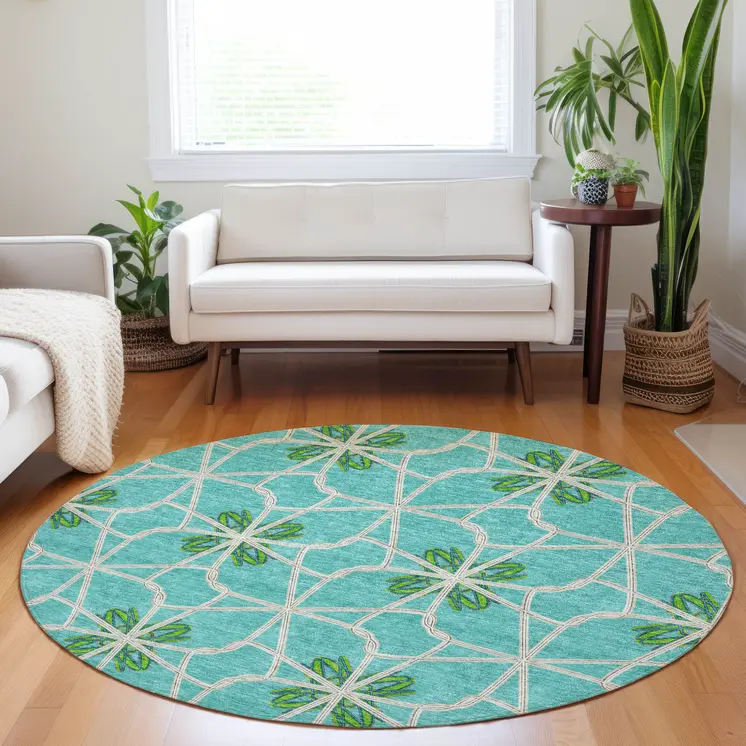 8' Aqua And Green Round Geometric Washable Indoor Outdoor Area Rug