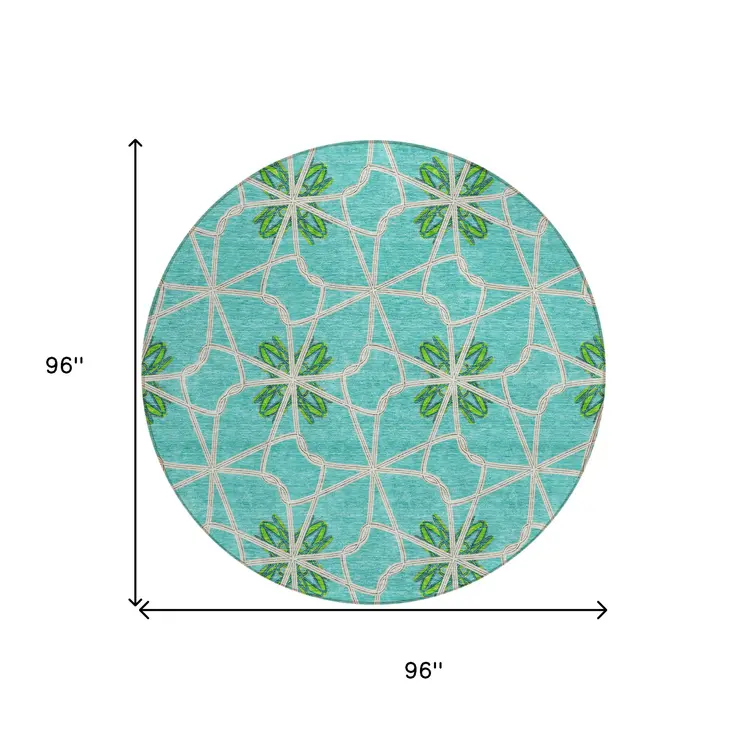 8' Aqua And Green Round Geometric Washable Indoor Outdoor Area Rug