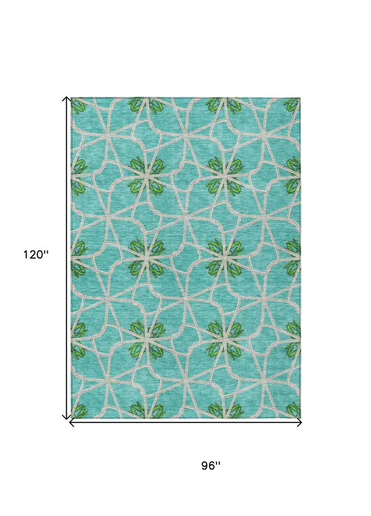 8' X 10' Aqua And Green Geometric Washable Indoor Outdoor Area Rug