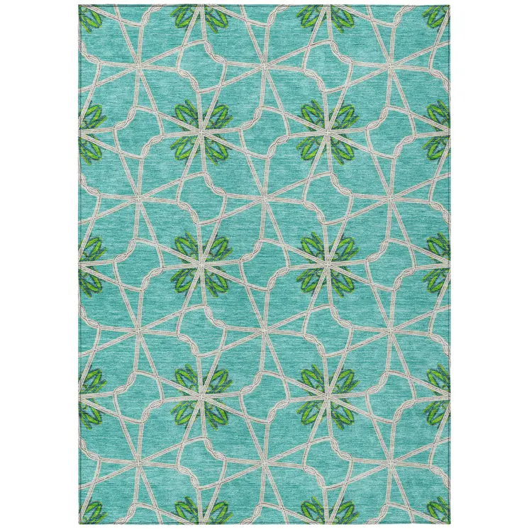 8' X 10' Aqua And Green Geometric Washable Indoor Outdoor Area Rug