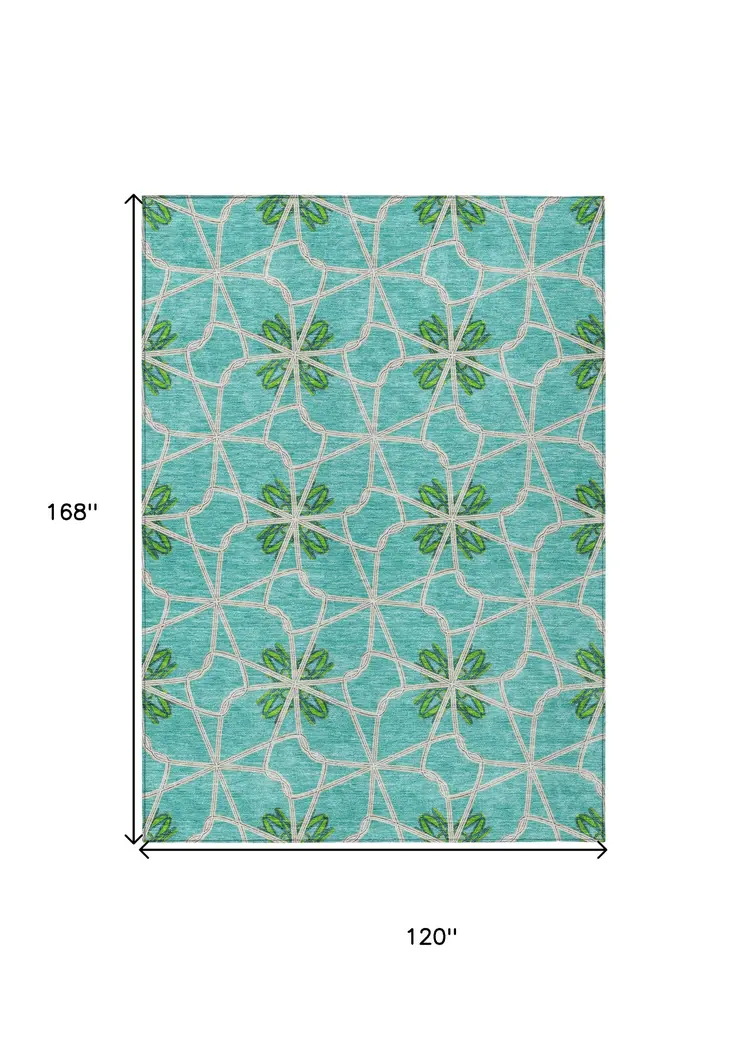 10' X 14' Aqua And Green Geometric Washable Indoor Outdoor Area Rug