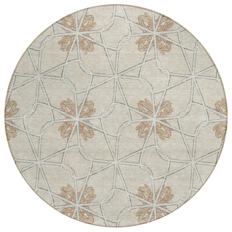 8' Beige And Taupe Round Geometric Washable Indoor Outdoor Area Rug