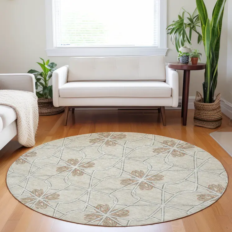 8' Beige And Taupe Round Geometric Washable Indoor Outdoor Area Rug