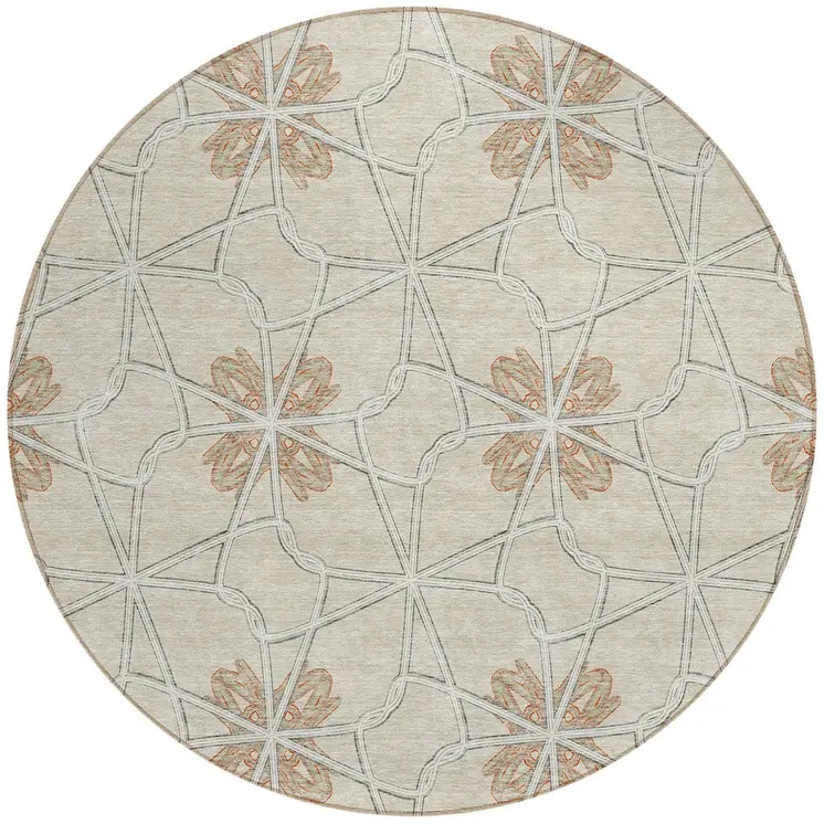 8' Beige And Taupe Round Geometric Washable Indoor Outdoor Area Rug