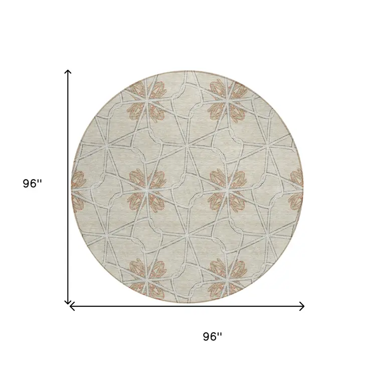 8' Beige And Taupe Round Geometric Washable Indoor Outdoor Area Rug