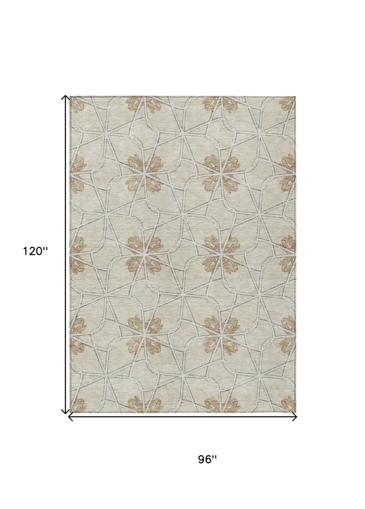8' X 10' Beige And Taupe Geometric Washable Indoor Outdoor Area Rug