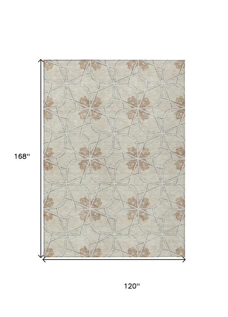 10' X 14' Beige And Taupe Geometric Washable Indoor Outdoor Area Rug