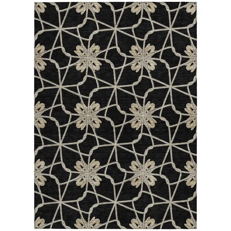 3' X 5' Black And Ivory Geometric Washable Indoor Outdoor Area Rug