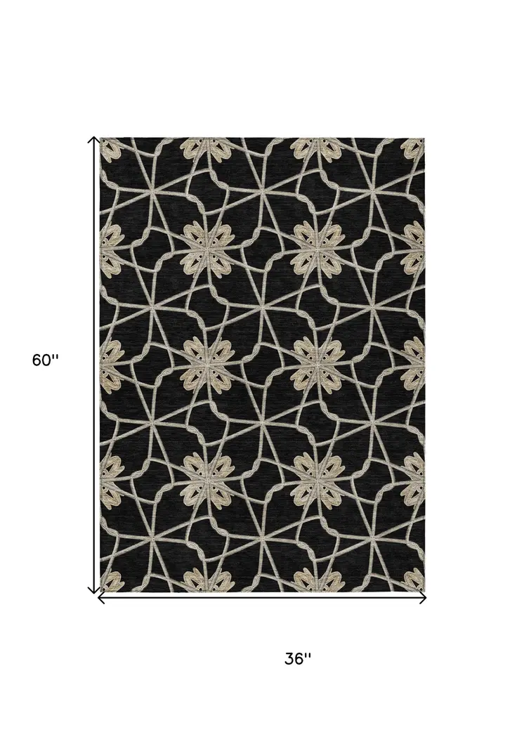 3' X 5' Black And Ivory Geometric Washable Indoor Outdoor Area Rug