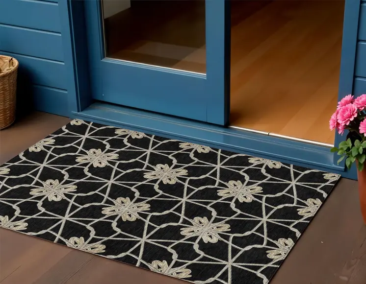 3' X 5' Black And Ivory Geometric Washable Indoor Outdoor Area Rug
