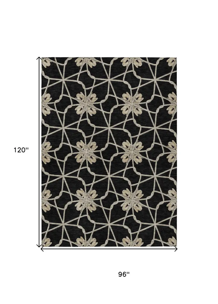 8' X 10' Black And Ivory Geometric Washable Indoor Outdoor Area Rug