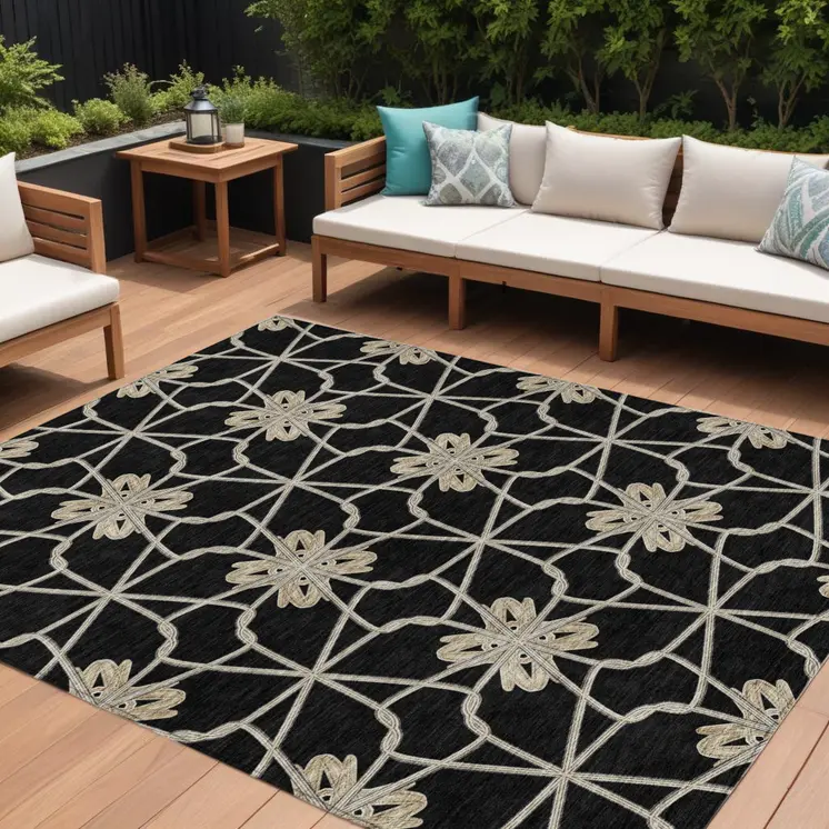 8' X 10' Black And Ivory Geometric Washable Indoor Outdoor Area Rug