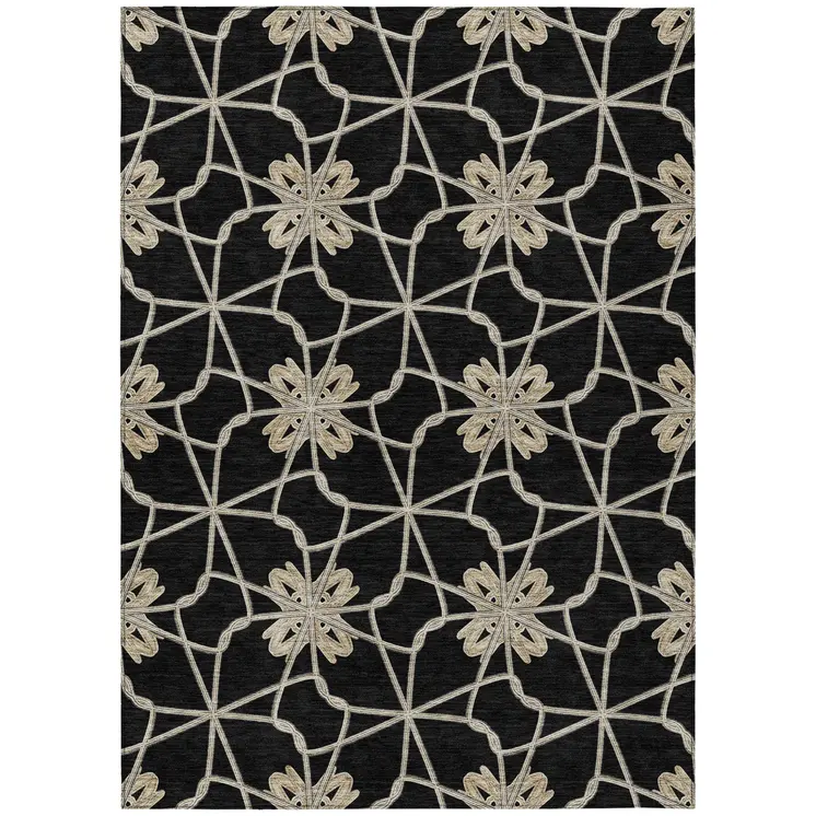 8' X 10' Black And Ivory Geometric Washable Indoor Outdoor Area Rug