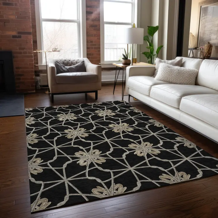 8' X 10' Black And Ivory Geometric Washable Indoor Outdoor Area Rug