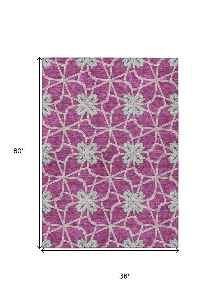3' X 5' Blush And Aqua Geometric Washable Indoor Outdoor Area Rug