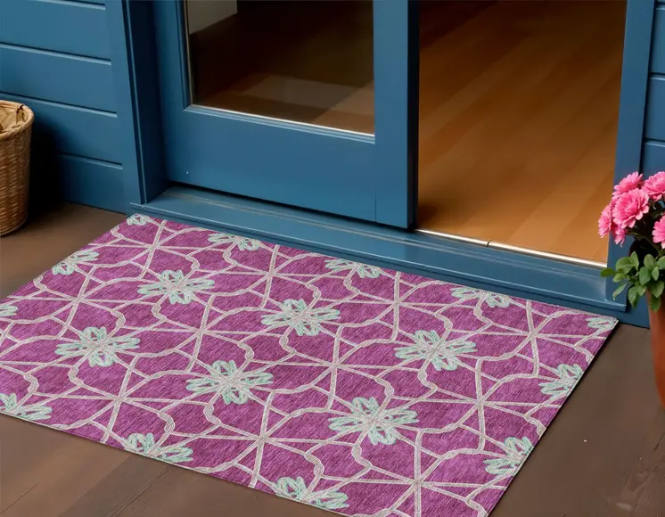 3' X 5' Blush And Aqua Geometric Washable Indoor Outdoor Area Rug