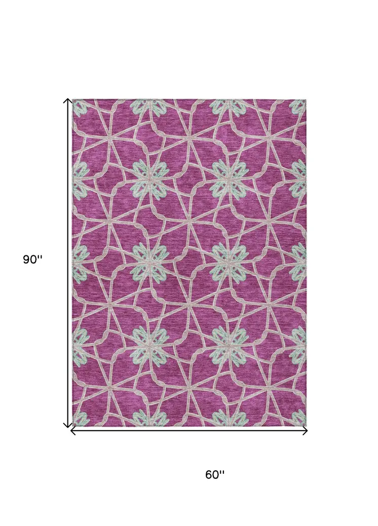 5' X 8' Blush And Aqua Geometric Washable Indoor Outdoor Area Rug