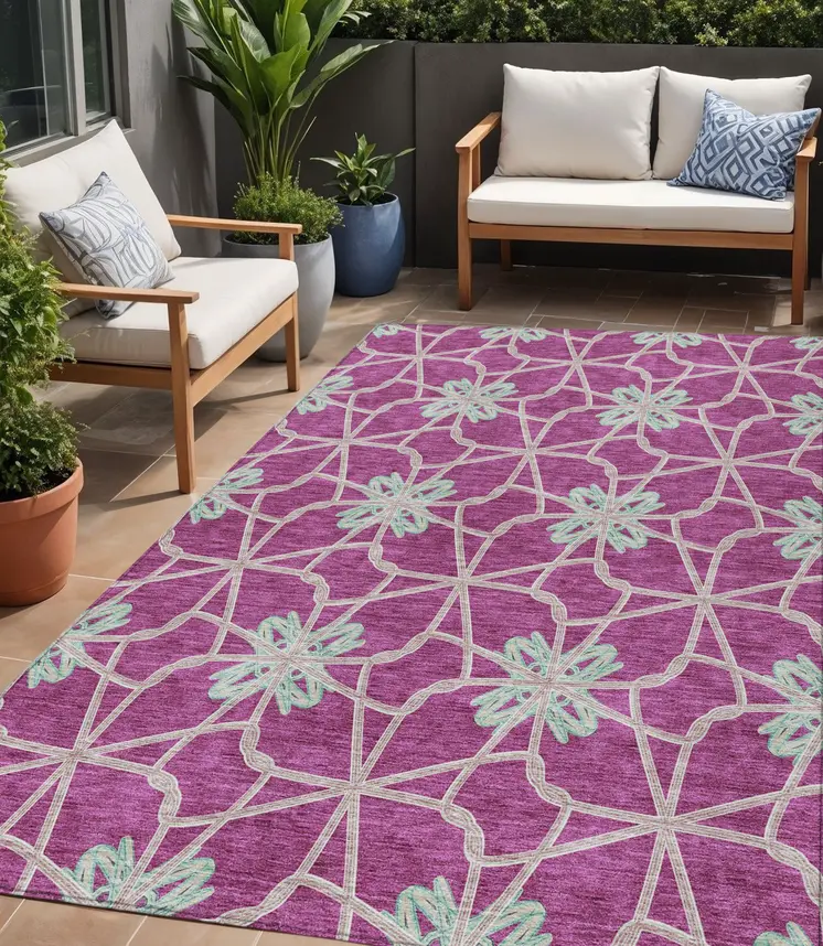 5' X 8' Blush And Aqua Geometric Washable Indoor Outdoor Area Rug