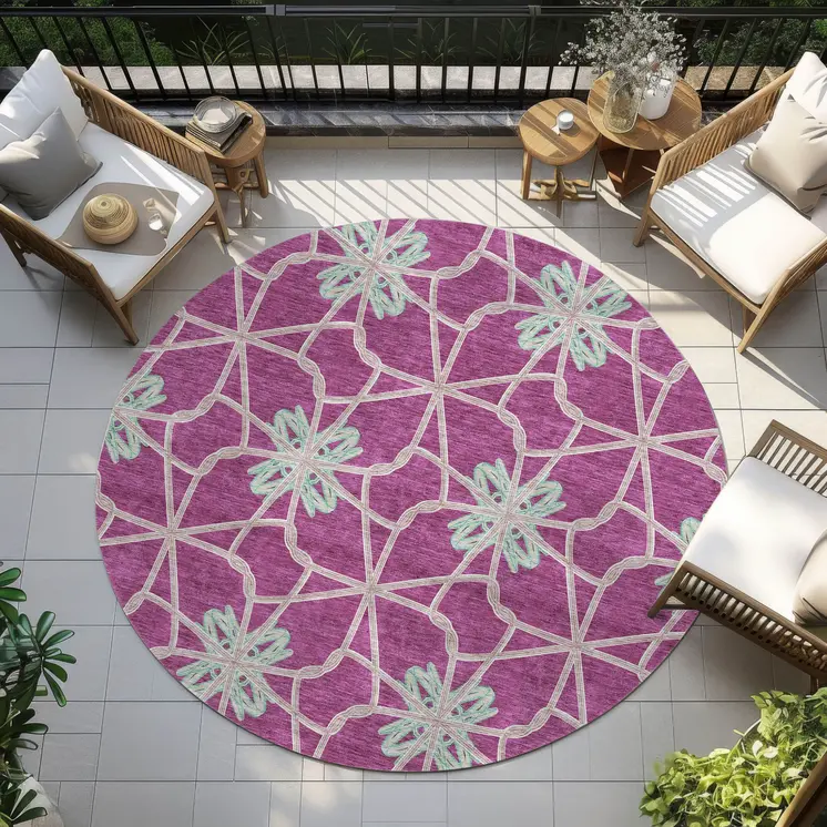 8' Blush And Aqua Round Geometric Washable Indoor Outdoor Area Rug