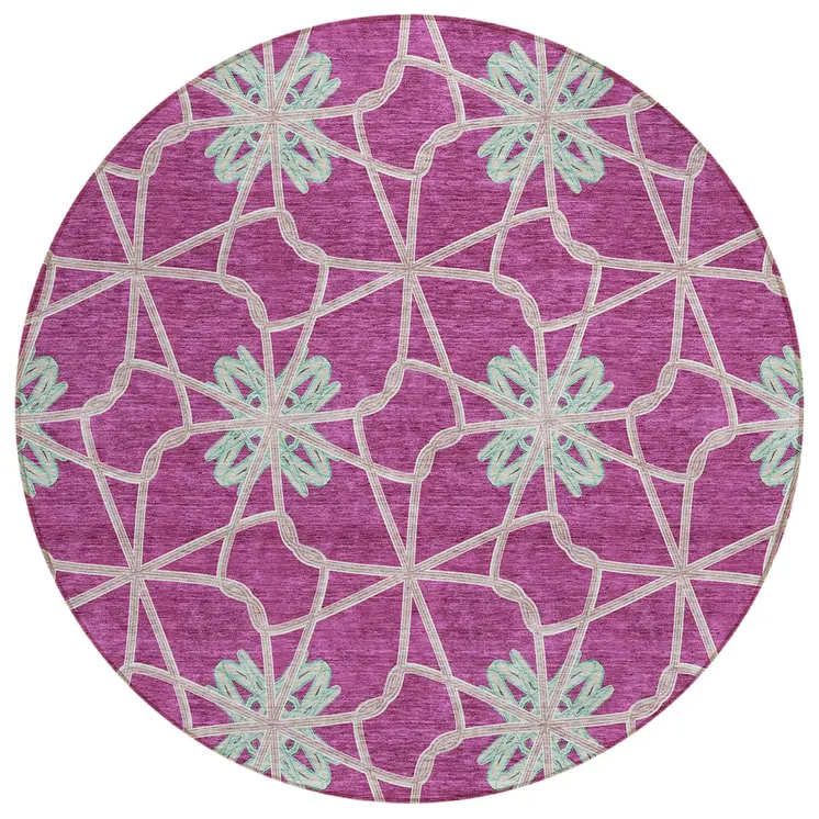 8' Blush And Aqua Round Geometric Washable Indoor Outdoor Area Rug