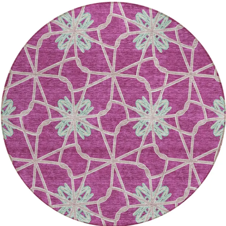 8' Blush And Aqua Round Geometric Washable Indoor Outdoor Area Rug