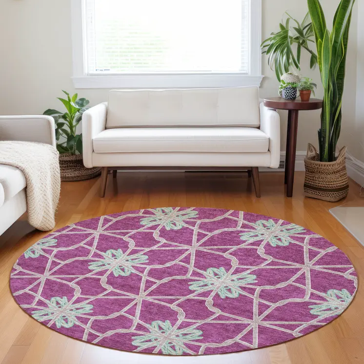 8' Blush And Aqua Round Geometric Washable Indoor Outdoor Area Rug