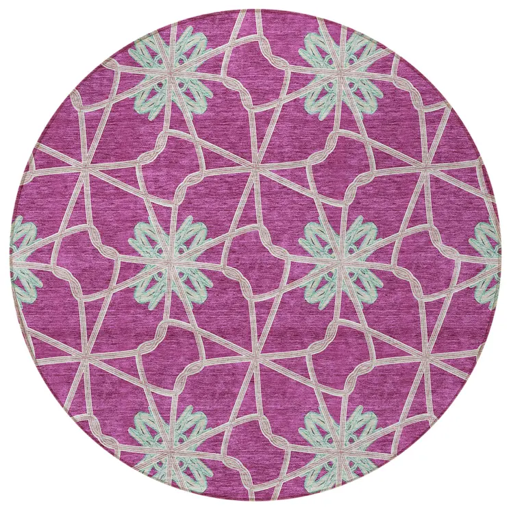 8' Blush And Aqua Round Geometric Washable Indoor Outdoor Area Rug