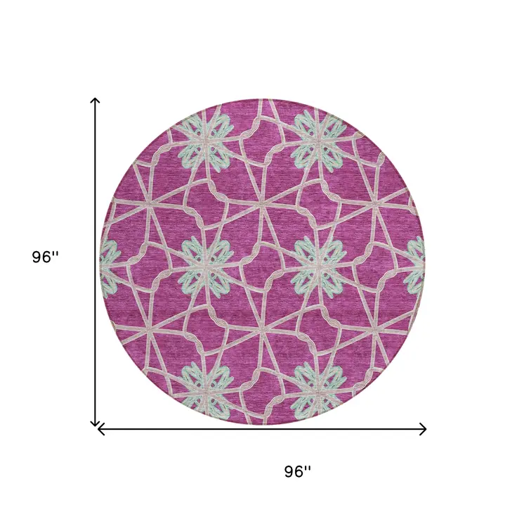 8' Blush And Aqua Round Geometric Washable Indoor Outdoor Area Rug