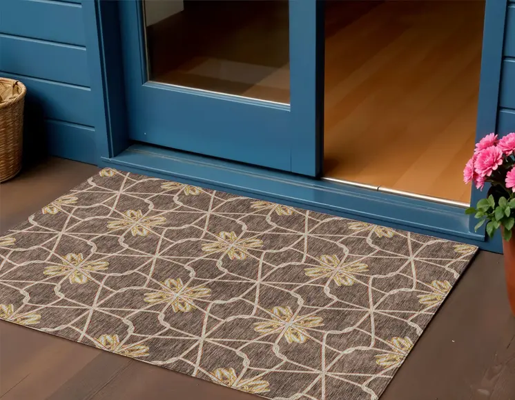 3' X 5' Brown And Gold Geometric Washable Indoor Outdoor Area Rug