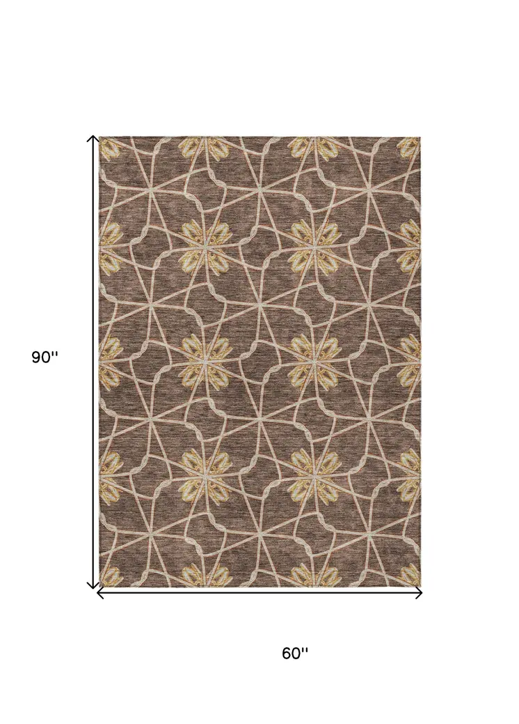 5' X 8' Brown And Gold Geometric Washable Indoor Outdoor Area Rug