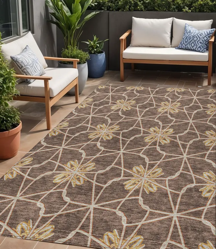 5' X 8' Brown And Gold Geometric Washable Indoor Outdoor Area Rug