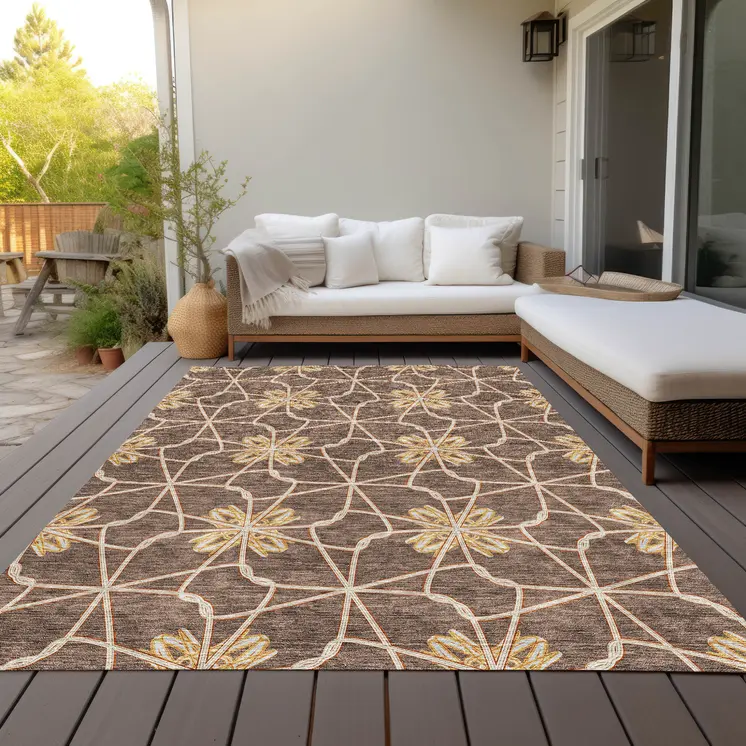 5' X 8' Brown And Gold Geometric Washable Indoor Outdoor Area Rug