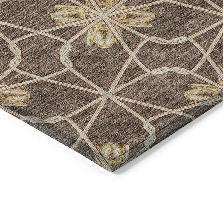 5' X 8' Brown And Gold Geometric Washable Indoor Outdoor Area Rug