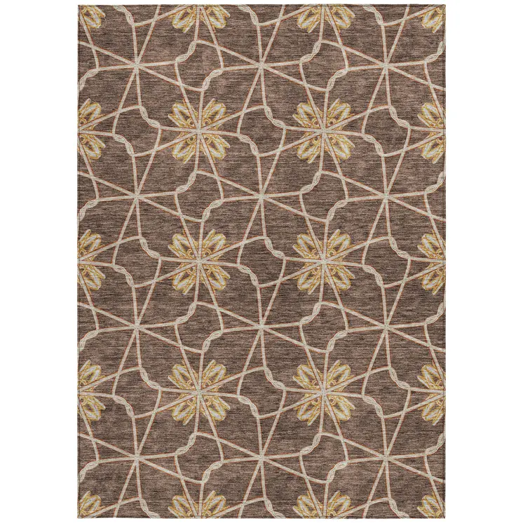 5' X 8' Brown And Gold Geometric Washable Indoor Outdoor Area Rug
