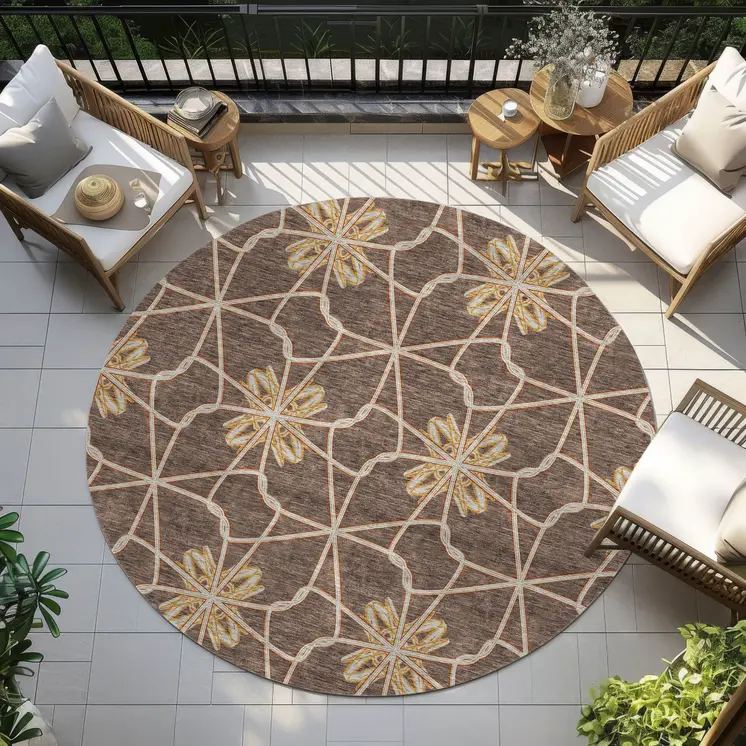 8' Brown And Gold Round Geometric Washable Indoor Outdoor Area Rug